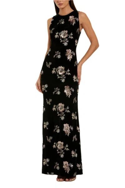 Mac Duggal Embellished Velvet High Neck Sleeveless Gown In Black