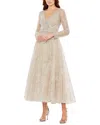 Mac Duggal Embellished Wrap Over Long Sleeve Midi Dress In Grey