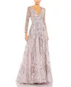 Mac Duggal Embellished Wrap Over Illusion Long Sleeve A-line Dress In Lilac