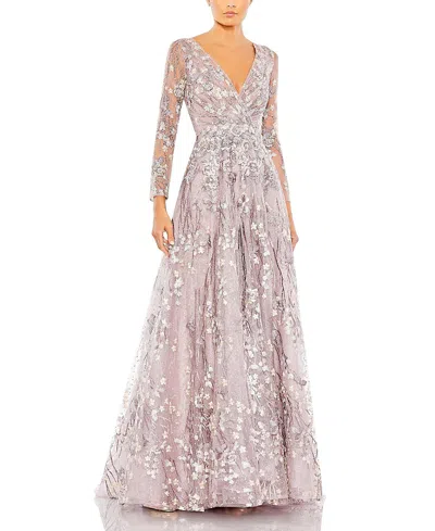 Mac Duggal Embellished Wrap Over Illusion Long Sleeve A-line Dress In Lilac