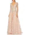 Mac Duggal Embellished Wrap Over Illusion Long Sleeve A-line Dress In Orange