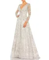 Mac Duggal Embellished Wrap Over Illusion Long Sleeve A-line Dress In Pastel Multi