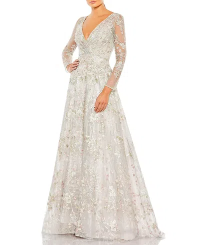 Mac Duggal Embellished Wrap Over Illusion Long Sleeve A-line Dress In Pastel Multi
