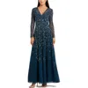 Mac Duggal Embellished Wrap Over Illusion Long Sleeve A Line Gown