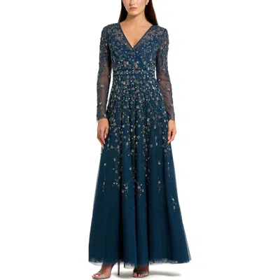 Mac Duggal Embellished Wrap Over Illusion Long Sleeve A Line Gown