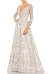 Mac Duggal Embellished Wrap Over Illusion Long Sleeve A-line Dress In Pastel Multi