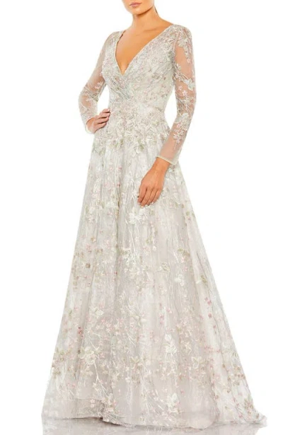 MAC DUGGAL MAC DUGGAL EMBELLISHED WRAP OVER ILLUSION LONG SLEEVE A LINE GOWN