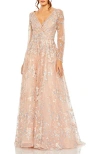 Mac Duggal Embellished Wrap Over Illusion Long Sleeve A Line Gown In Peach