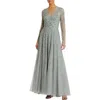 Mac Duggal Embellished Wrap Over Illusion Long Sleeve A Line Gown In Sage