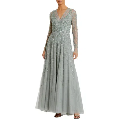 Mac Duggal Embellished Wrap Over Illusion Long Sleeve A Line Gown In Sage