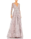 Mac Duggal Embellished Wrap Over Illusion Long Sleeve A-line Dress In Lilac