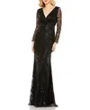 Mac Duggal Sequin Wrap Front Long Sleeve Sheath Gown In Black