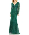 Mac Duggal Embellished Wrap Over Long Sleeve Gown In Emerald