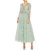 Mac Duggal Embellished Wrap Over Long Sleeve Midi Dress In Sage