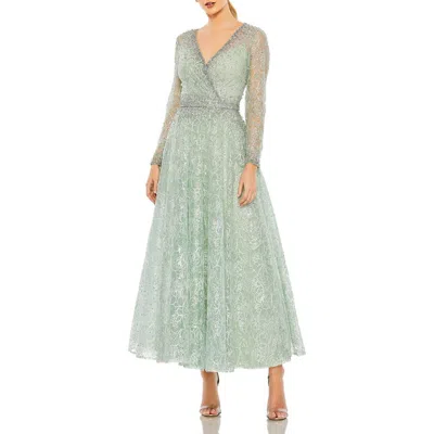 Mac Duggal Embellished Wrap Over Long Sleeve Midi Dress In Sage