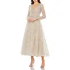 Mac Duggal Embellished Wrap Over Long Sleeve Midi Dress In Taupe