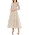 Mac Duggal Embellished Wrap Over Long Sleeve Midi Dress In Taupe