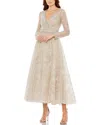 Mac Duggal Embellished Wrap Over Long Sleeve Midi Dress In Brown