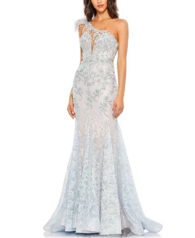 Mac Duggal Embroidered Applique Feathered One Shoulder Gown In Blue