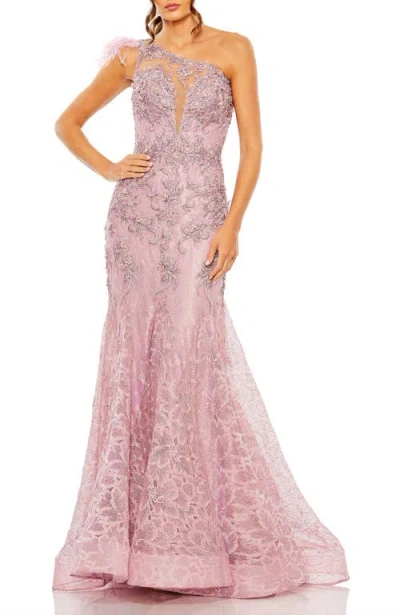 MAC DUGGAL MAC DUGGAL EMBROIDERED APPLIQUE FEATHERED ONE SHOULDER GOWN