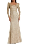 Mac Duggal Embroidered Applique Shoulder Detail Trumpet Gown In Light Gold
