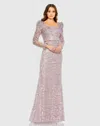 Mac Duggal Embroidered Applique Shoulder Detail Trumpet Gown In Mocha