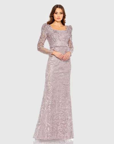 Mac Duggal Embroidered Applique Shoulder Detail Trumpet Gown In Mocha