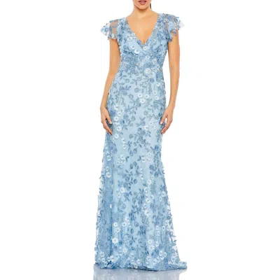 Mac Duggal Embroidered Applique Wrap Over Flutter Sleeve Gown In Blue