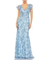 Mac Duggal Embroidered Applique Wrap Over Flutter Sleeve Gown In Blue