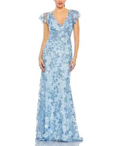 MAC DUGGAL EMBROIDERED APPLIQUE WRAP OVER FLUTTER SLEEVE GOWN
