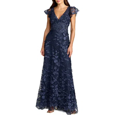 Mac Duggal Embroidered Applique Wrap Over Flutter Sleeve Gown In Blue