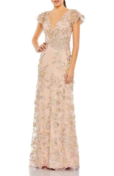 MAC DUGGAL MAC DUGGAL EMBROIDERED APPLIQUE WRAP OVER FLUTTER SLEEVE GOWN