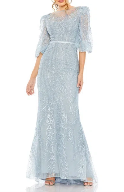 Mac Duggal Embroidered Beaded Boat Neck Gown With Illusion Puff Sleeves In Blue