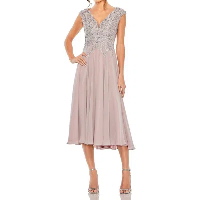 Mac Duggal Embroidered Beaded Midi Dress With Cap Sleeves In Purple