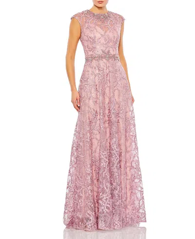 Mac Duggal Embellished Floral Gown With Illusion Neckline Dress In Pink