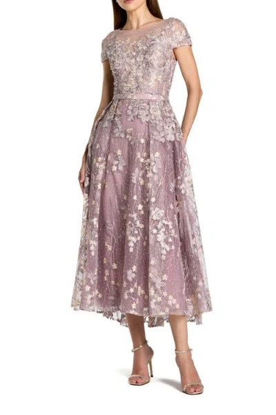 Mac Duggal Embroidered Cap Sleeve High Neck Midi Dress In Purple
