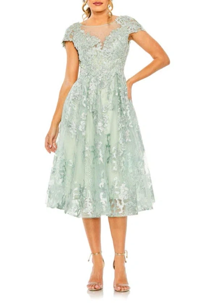 Mac Duggal Embroidered Cap Sleeve Midi Dress In Sage