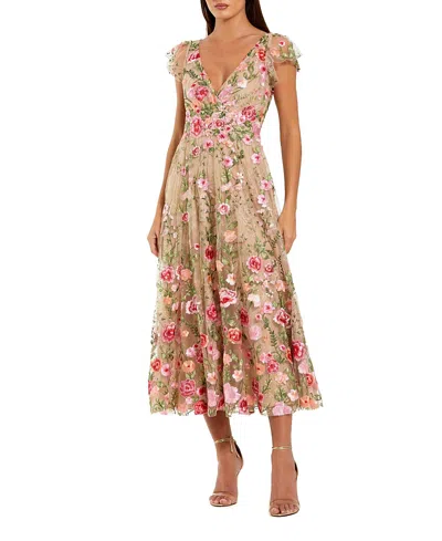 Mac Duggal Embroidered Cap Sleeve V Neck Ankle Dress In Neutral