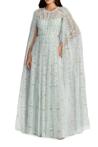 Mac Duggal Embroidered Cape Sleeve Ruffle Detail Tulle Gown In Gray