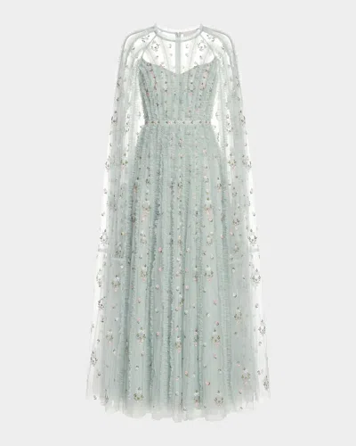 Mac Duggal Embroidered Cape-sleeve Mesh Gown In Blue