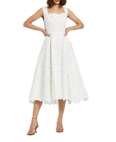 Mac Duggal Embroidered Floral A Line Sleeveless Midi Dress In White