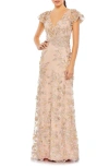 Mac Duggal Embroidered Applique Wrap Over Flutter Sleeve Gown In Rose Gold