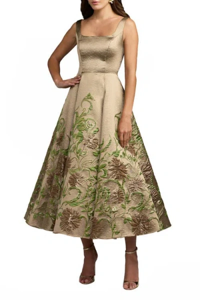 Mac Duggal Embroidered Floral Jacquard A-line Midi Dress In Gold
