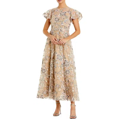 Mac Duggal Embroidered Floral Mesh A-line Midi Dress In Brown