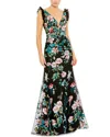 Mac Duggal Embroidered Floral Plunge Neck Trumpt Gown