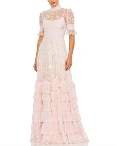 Mac Duggal Embroidered Floral Tiered Mock Neck Gown In Rose Pink