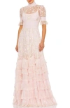 Mac Duggal Embroidered Floral Tiered Smock Neck Gown In Rose Pink