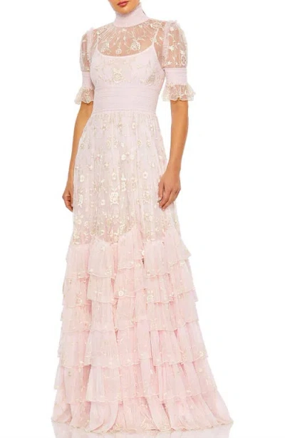 Mac Duggal Embroidered Floral Tiered Smock Neck Gown In Rose Pink