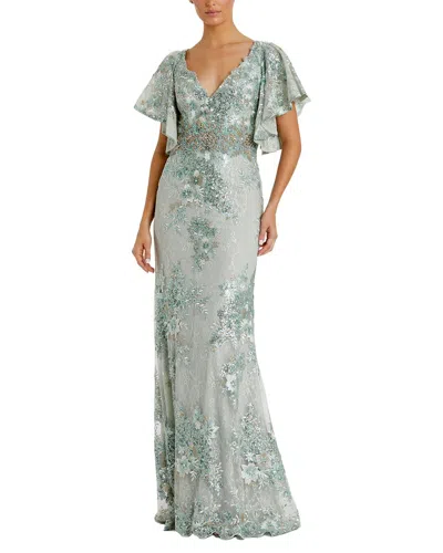 Mac Duggal Embroidered Flutter Sleeve Trumpet Gown In Green