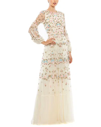Mac Duggal Embroidered High Neck Illusion Sleeve Tiered Gown In Beige